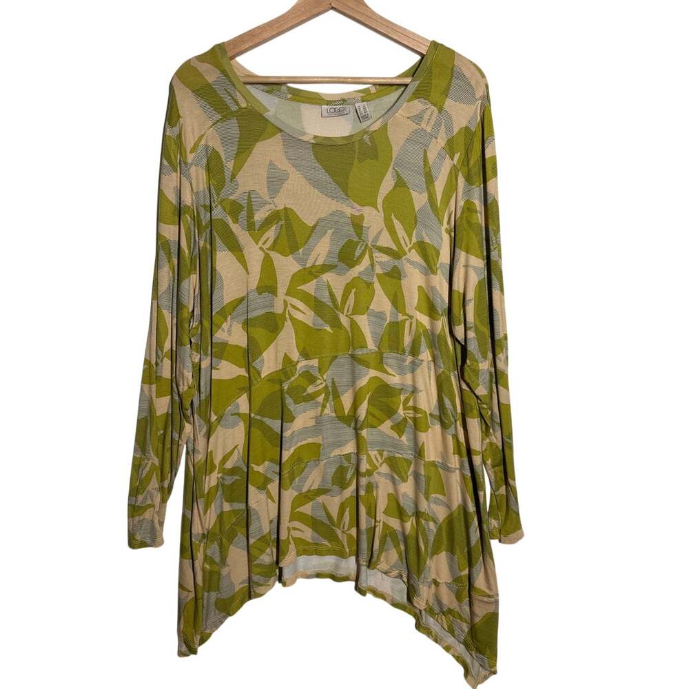 LOGO Lori Goldstein Leaf Print Jersey Knit Tunic Top Asymmetrical Green Tan 2X